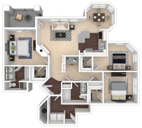 Floor plan for 3 beds, 2 baths, 1373 sqft